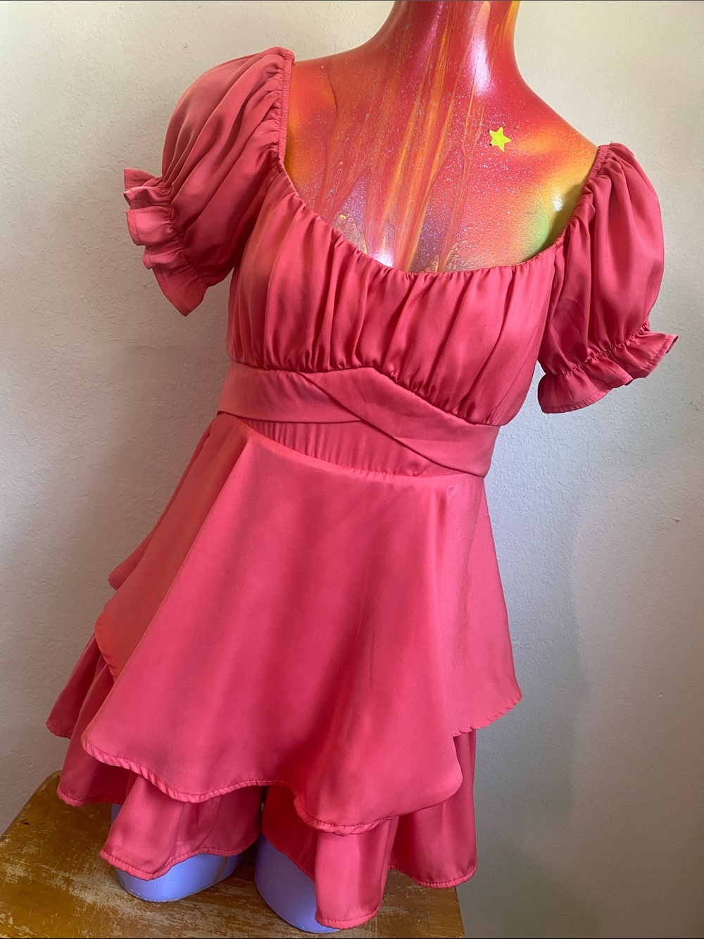 miami Coral Satin Puff-Sleeve Tiered Romper
